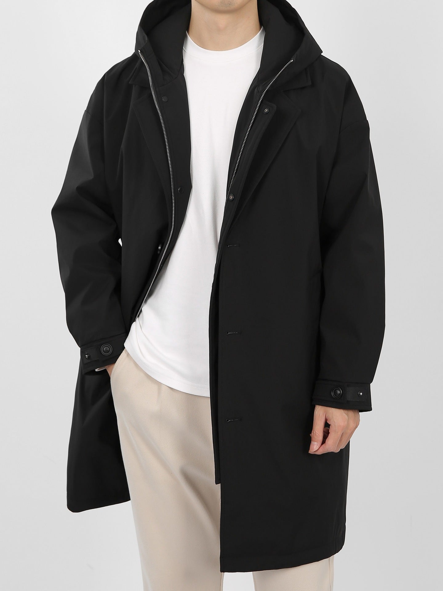 Zip-through hooded coat with adjustable hood relaxed menswear