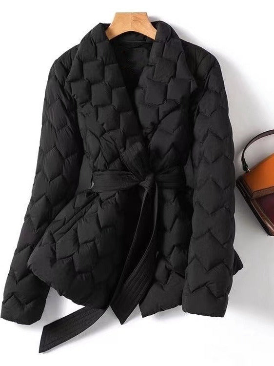 Polyester quilted jacket with tailored wrap design for women