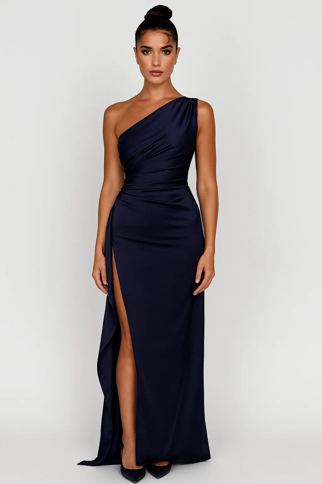 Women's dark blue one-shoulder maxi dress with fitted silhouette and high side split – front view