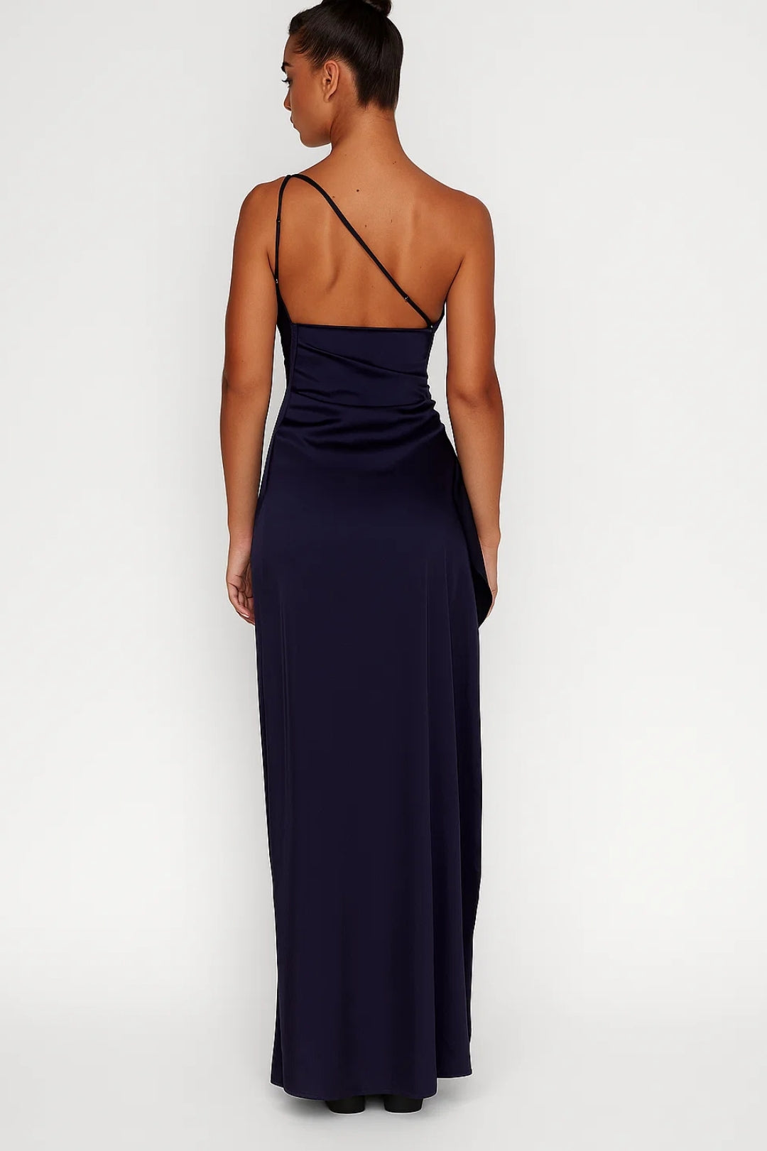 Fitted one-shoulder maxi dress in dark blue with full-length skirt and high slit – back view