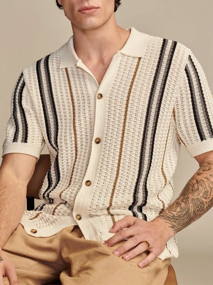 Men's beige polo shirt with ribbed centre panel – detail or alternate angle view