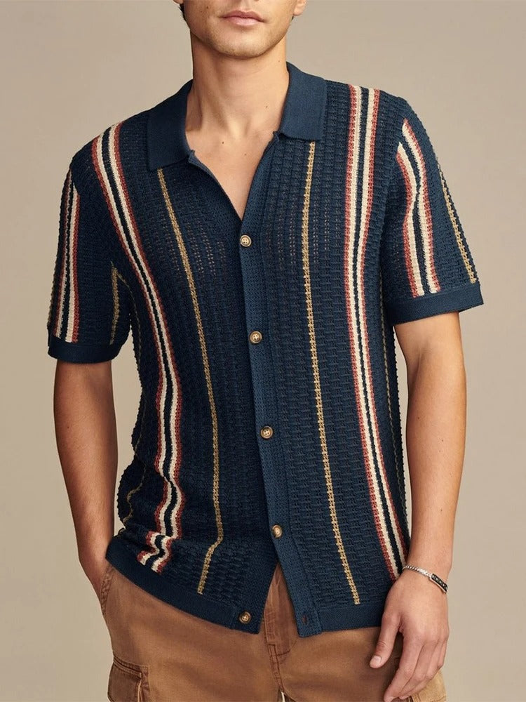 Men's navy blue polo shirt with button placket and structured collar – front view