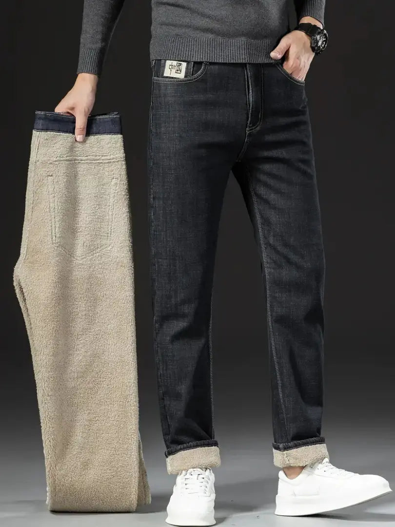 Heavyweight denim trousers featuring full fleece lining for warmth