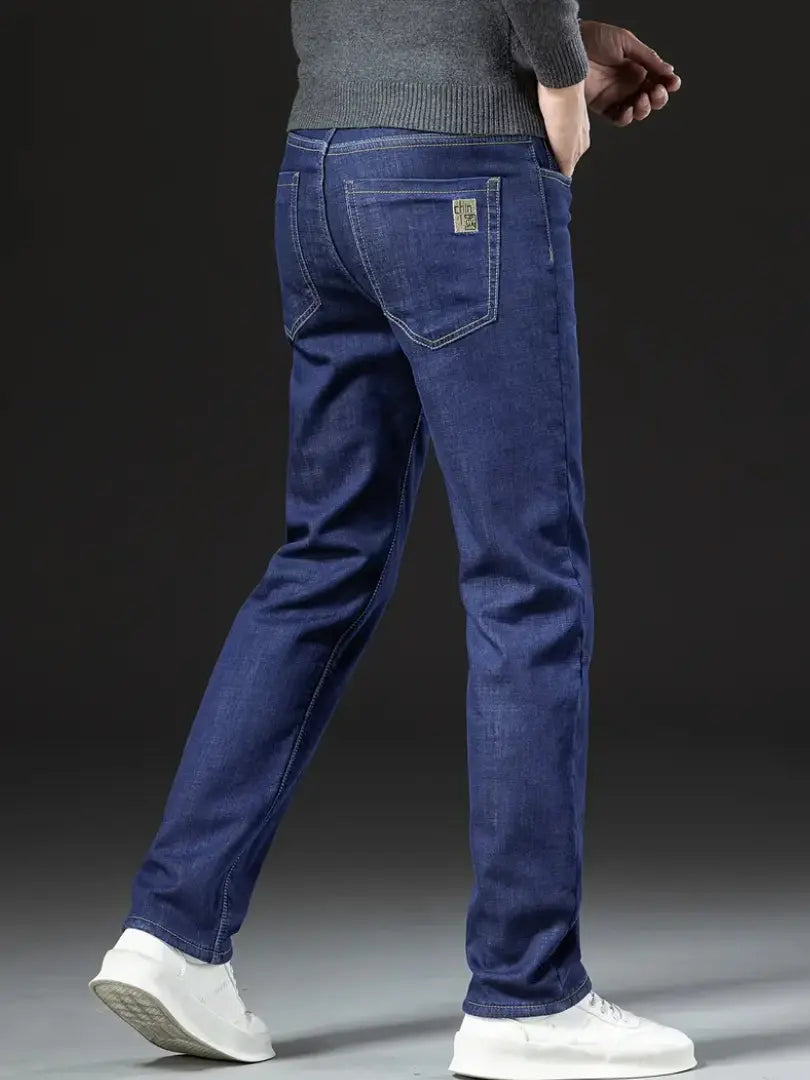 Structured denim with visible fleece interior and regular straight fit