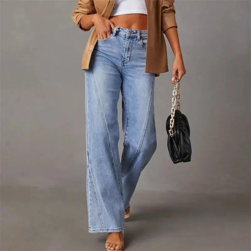 Jean Taille Haute à Jambe Large avec Coutures Devant Femme