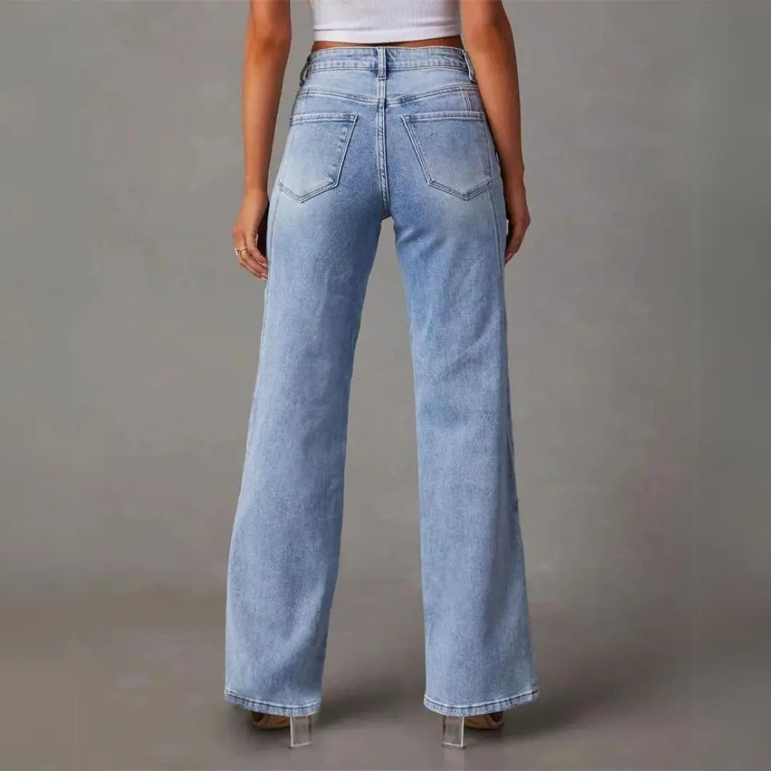 Jean Taille Haute à Jambe Large avec Coutures Devant Femme