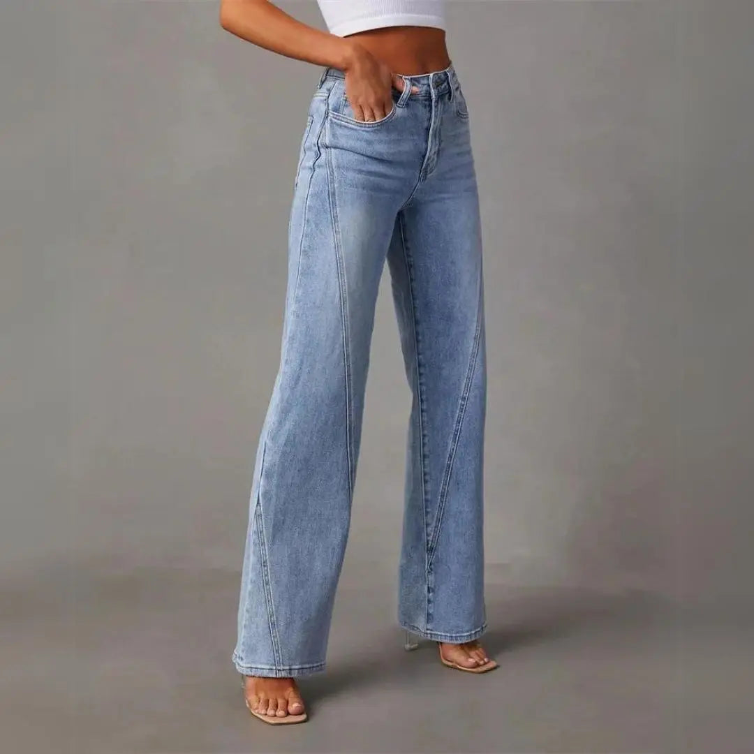 Jean Taille Haute à Jambe Large avec Coutures Devant Femme