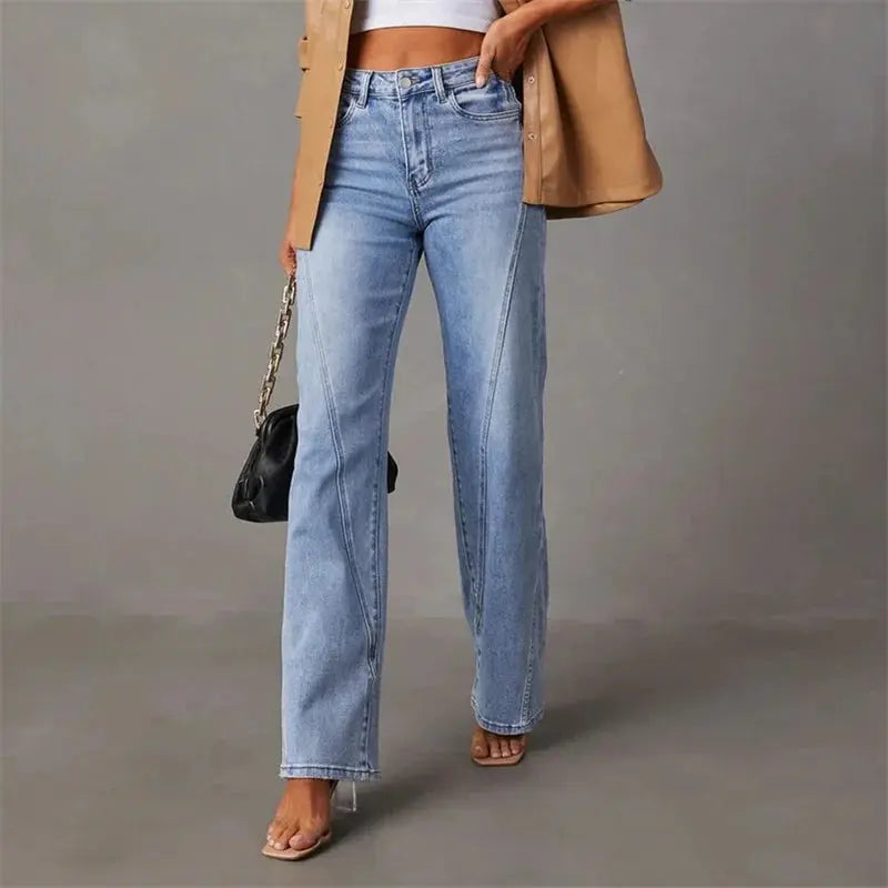 Jean Taille Haute à Jambe Large avec Coutures Devant Femme