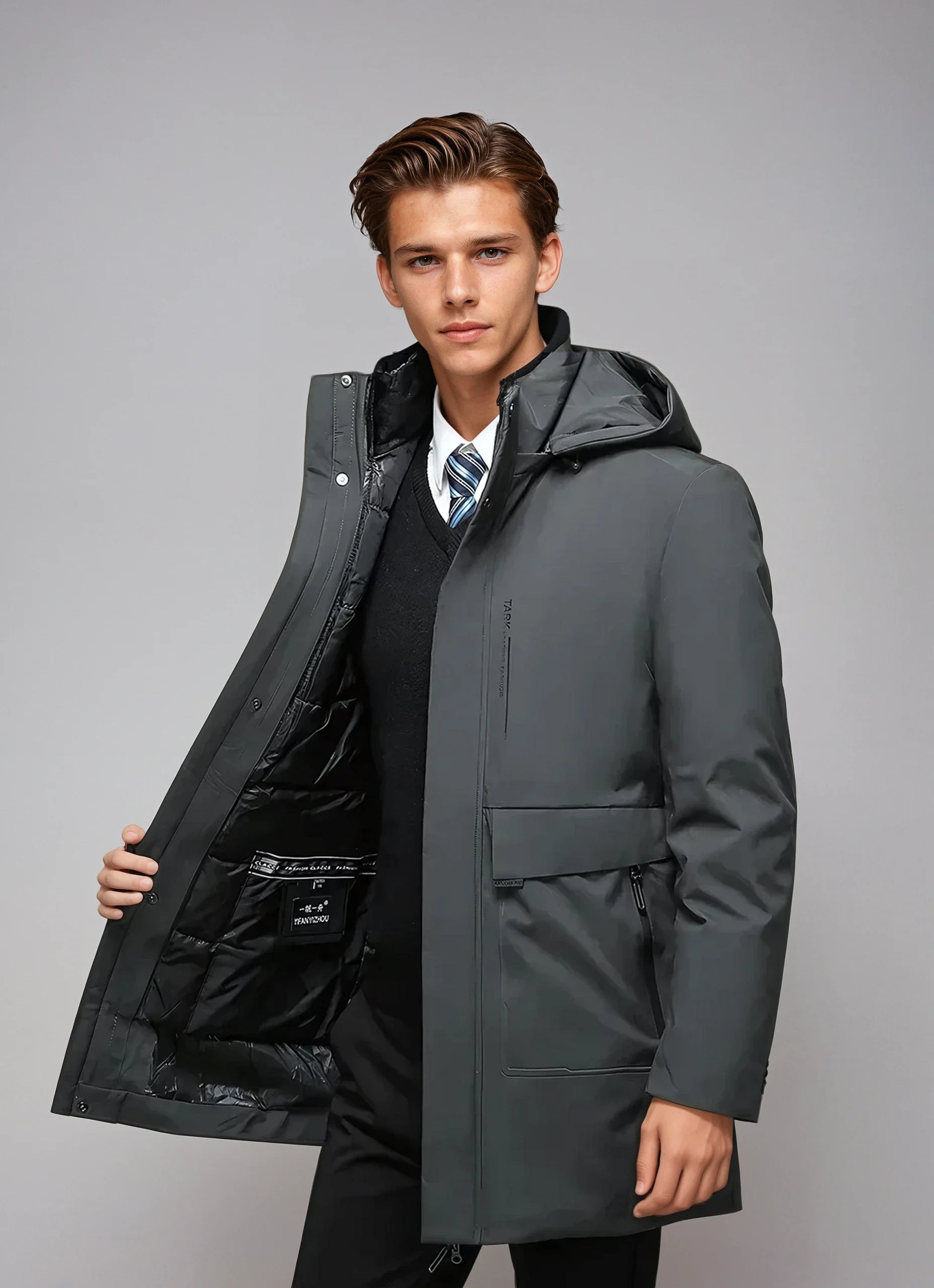 regular fit parka with front flap pockets side perspective