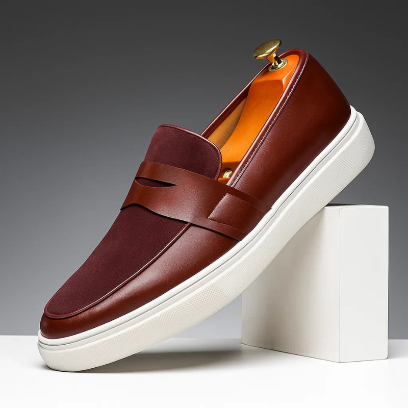 Men's penny loafers slip-on shoes in a lifestyle flat-lay or hero product shot — Montelu