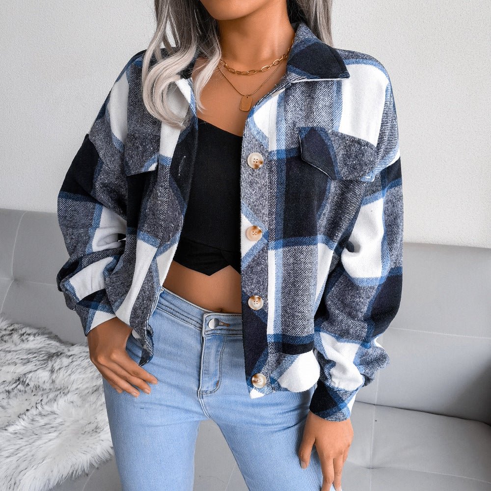 Women's navy blue plaid jacket with button fastening, long sleeves, relaxed fit