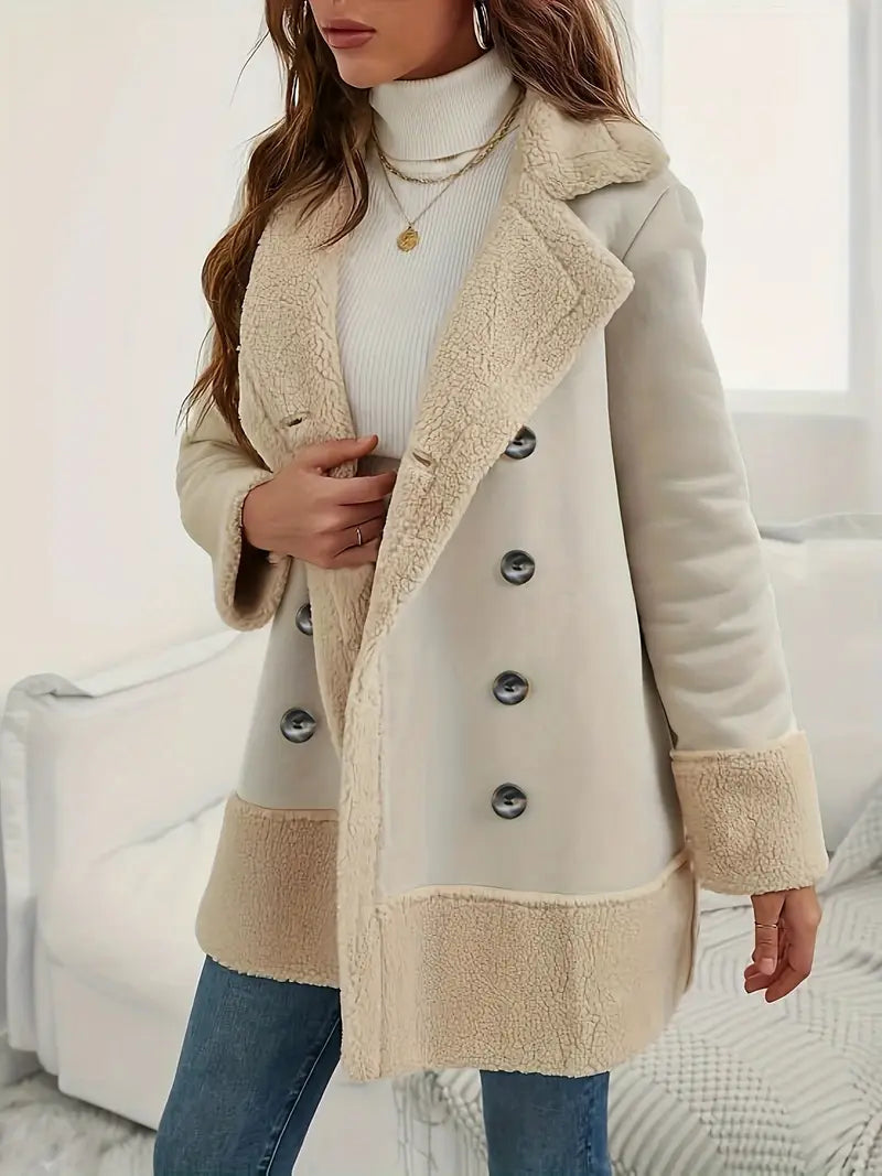 shearling double breasted coat with notched lapels front view on model