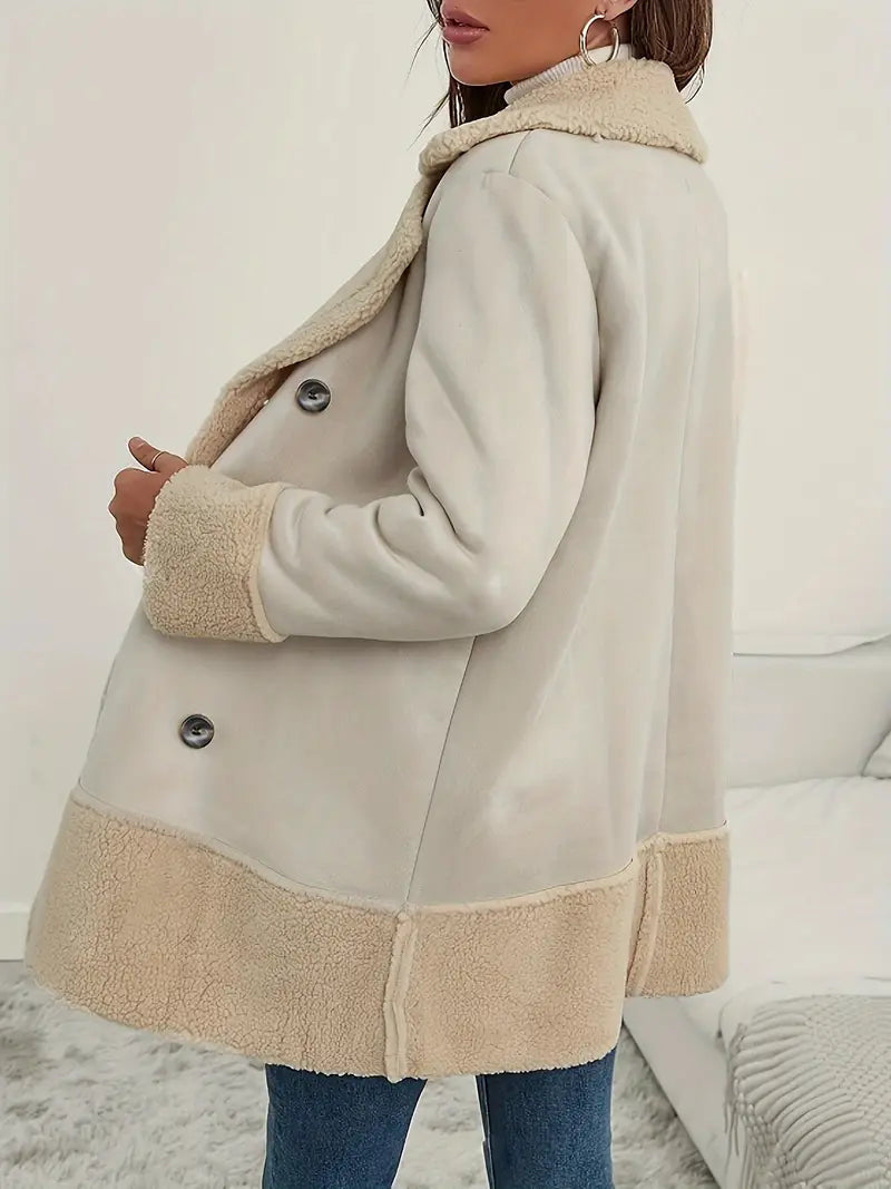 shearling double breasted coat displaying full length silhouette and texture