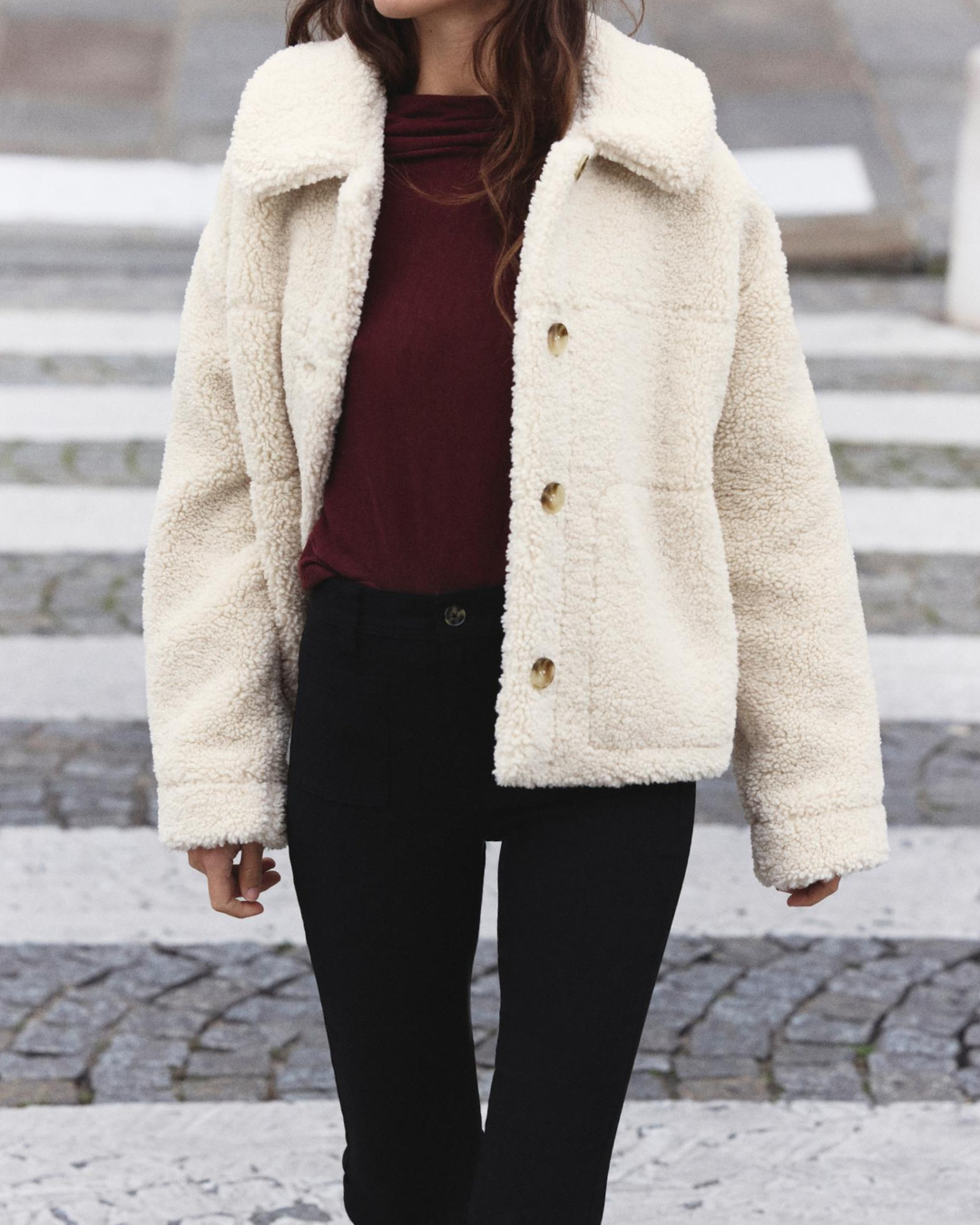 textured sherpa jacket regular fit worn casually outdoors