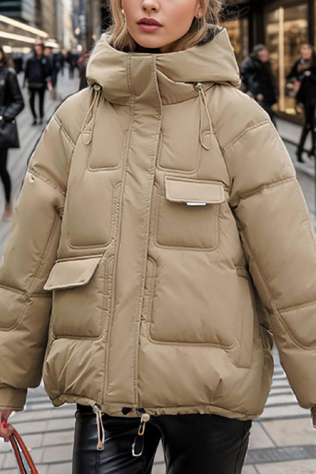 Polyester puffer jacket with ribbed cuffs in oversized relaxed fit for women