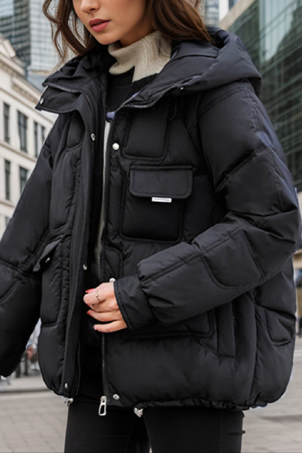Polyester puffer jacket with quilted panels in oversized loose fit for women