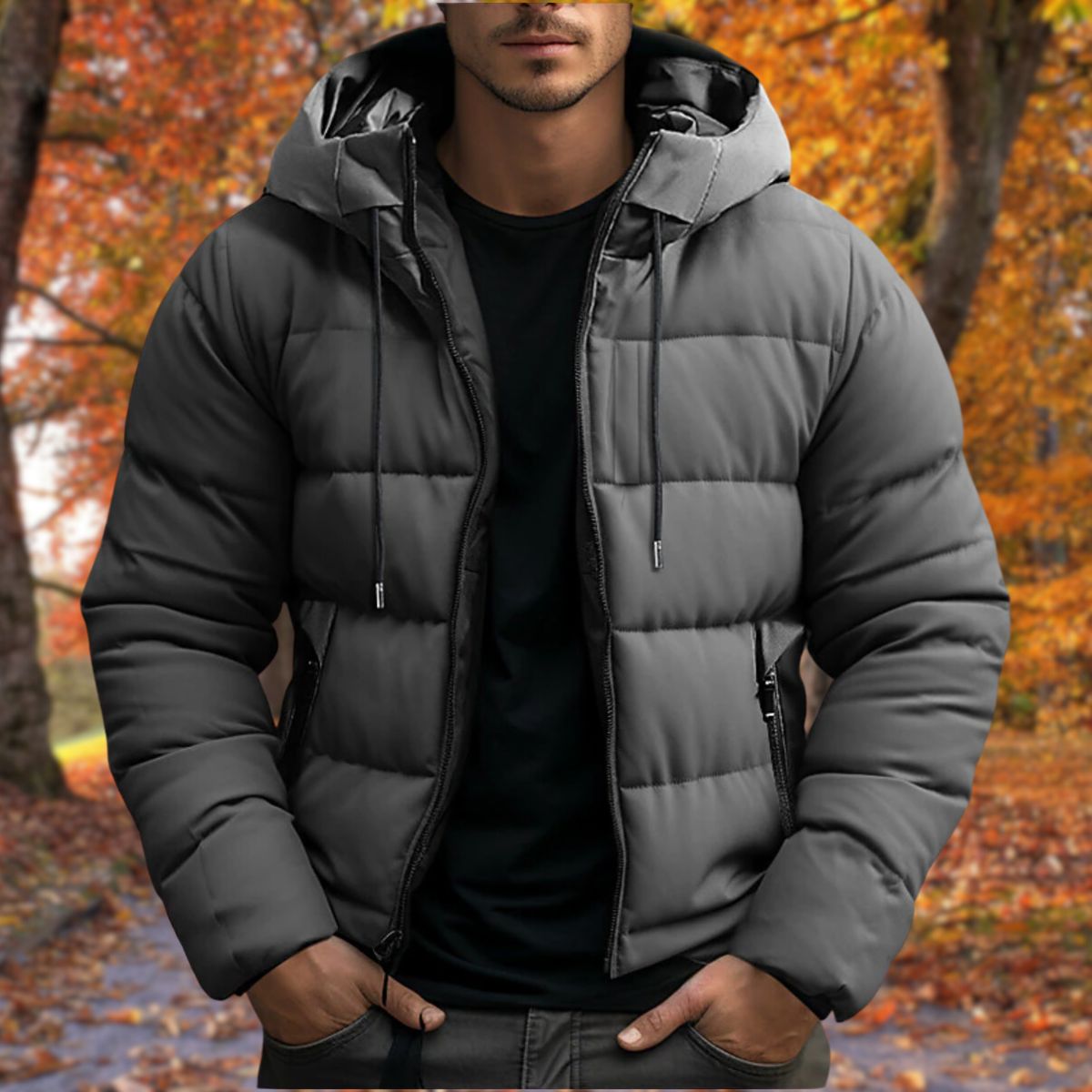 Polyester fleece jacket rear view with hood in regular fit for men