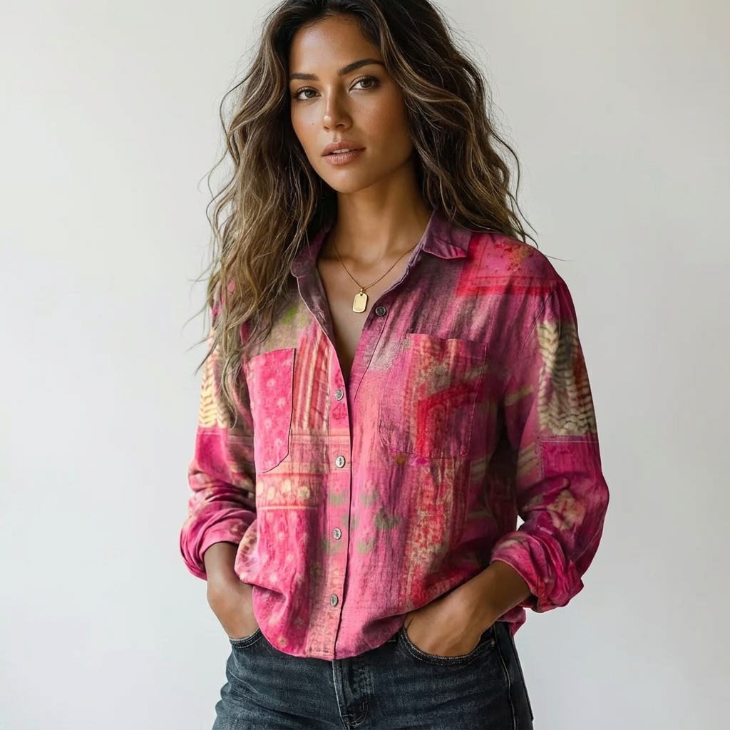 Women's button front shirt showcasing printed design details