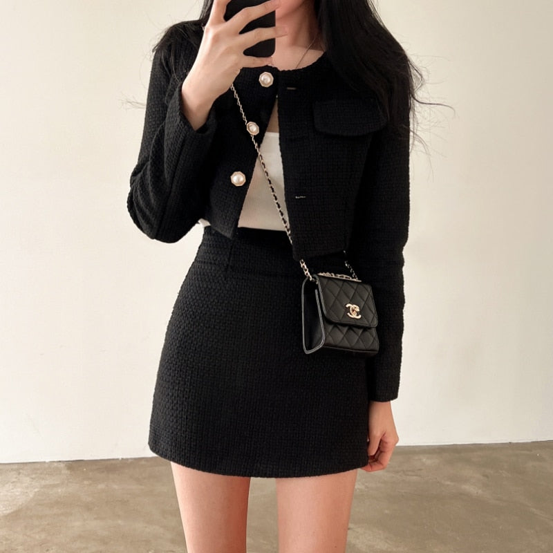 Women's black tailored blazer skirt set — classic fit polyester two-piece suit for office and formal wear