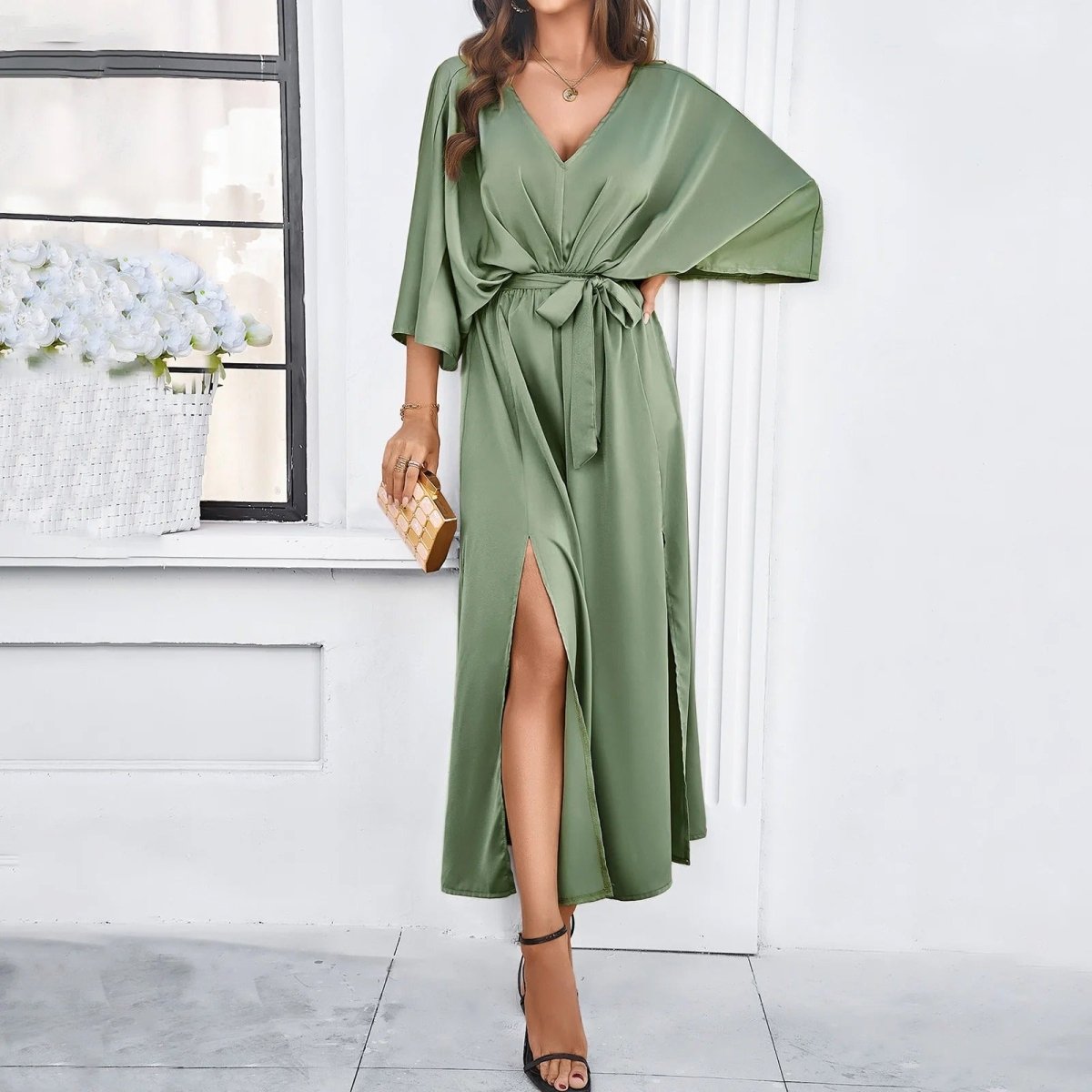 Green polyester summer dress for women – casual style with V-neck and sash closure