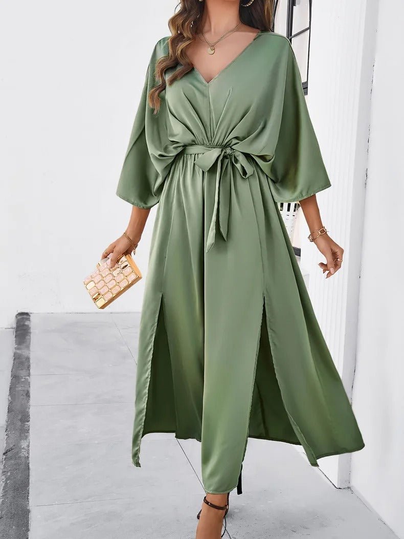 Green women's knee-length summer dress – V-neck, sash closure, casual polyester fabric