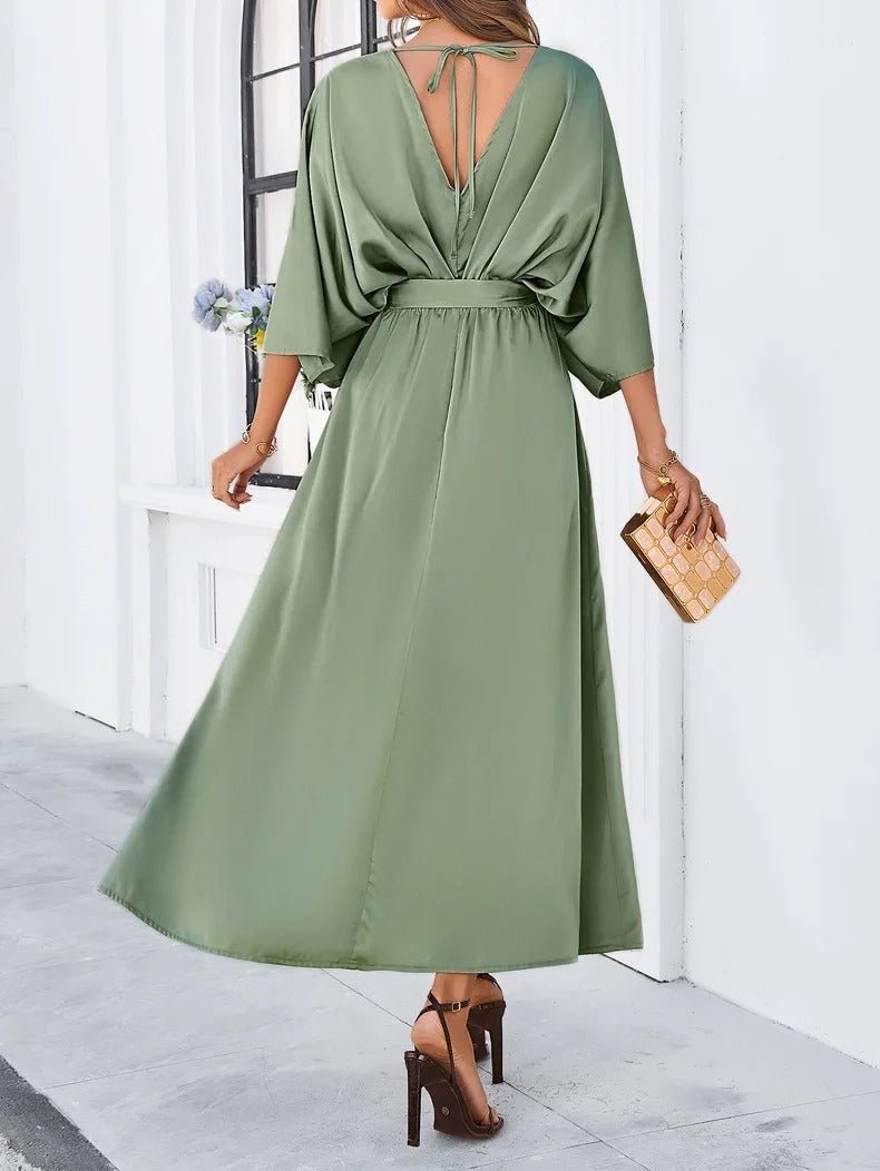 Women's casual summer dress in green– V-neck sash tie, knee length, relaxed fit