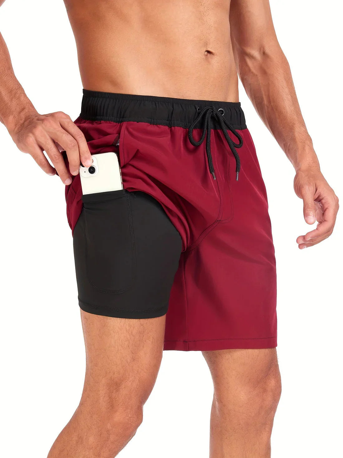 Men's quick dry swim shorts featuring an elastic drawstring waistband and athletic fit