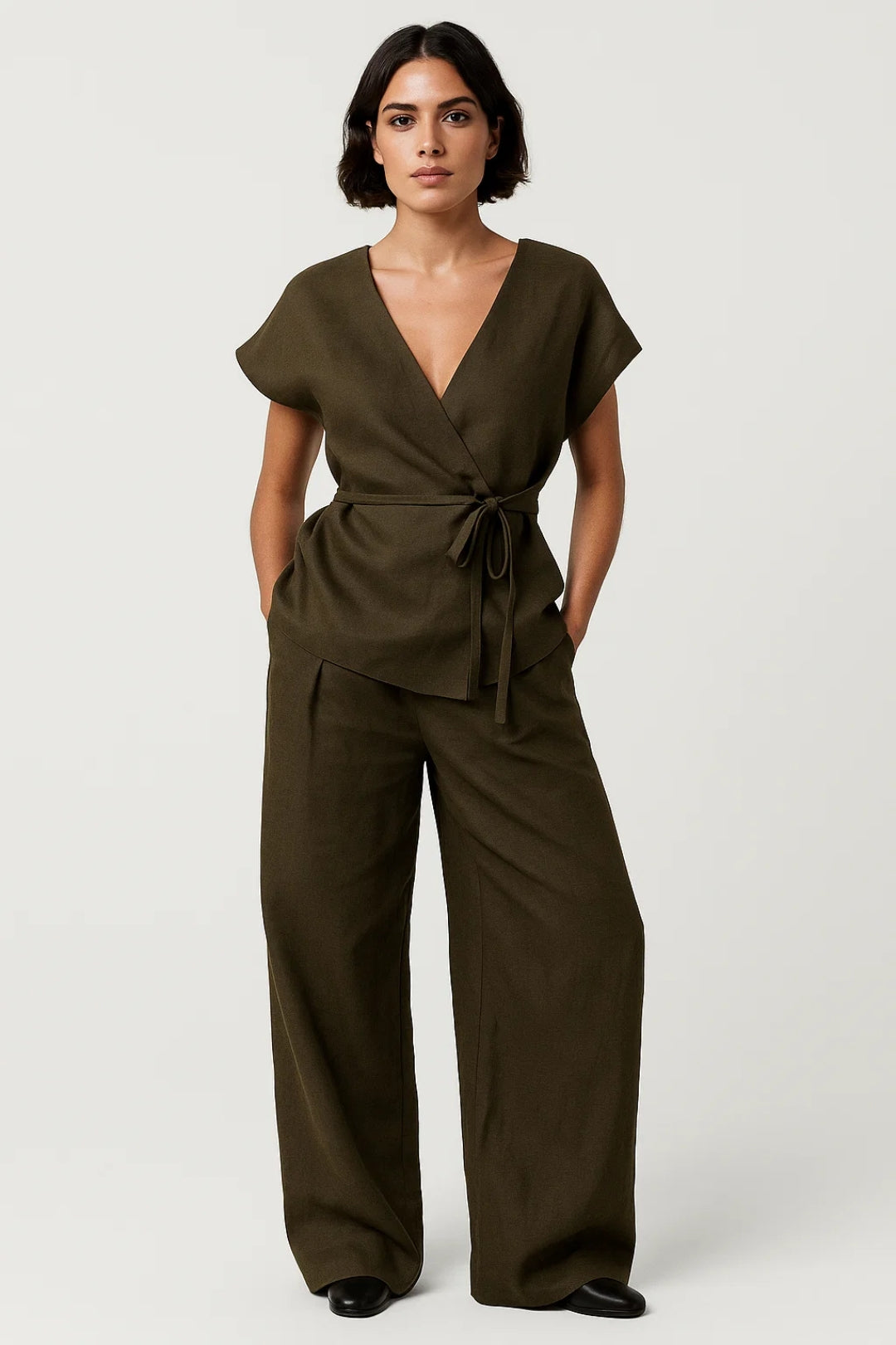 Women's wrap top wide leg trouser set for holidays and everyday wear