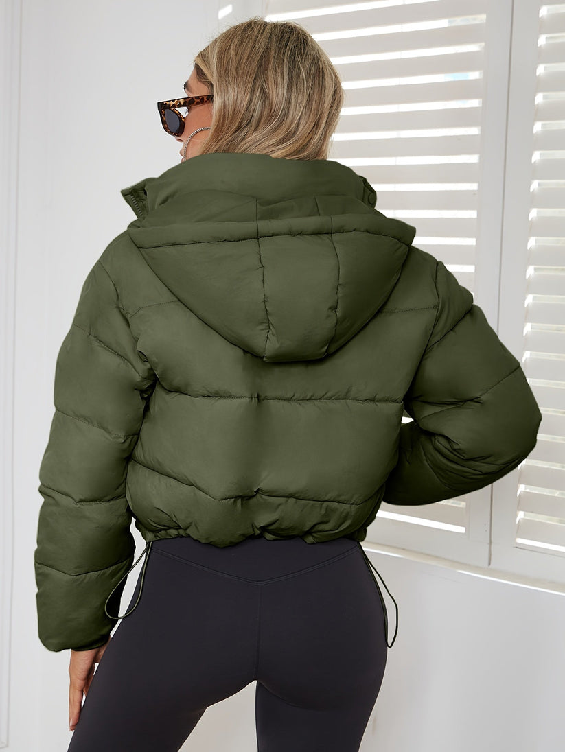 Nylon puffer jacket back view relaxed fit women