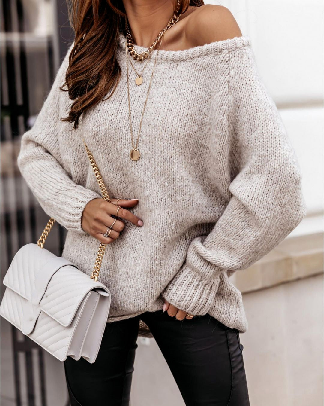 Pull Ample en Maille à Épaules Dénudées Femme