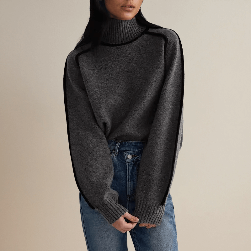 Pull à col roulé côtelé avec liseré contrastant pour femme