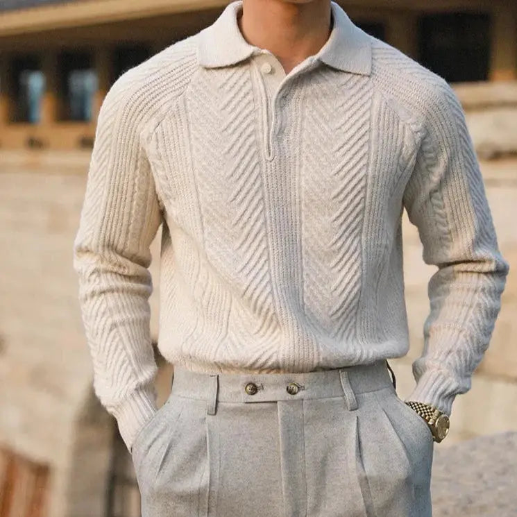 wool knit polo jumper with textured ribbed pattern on male model front view