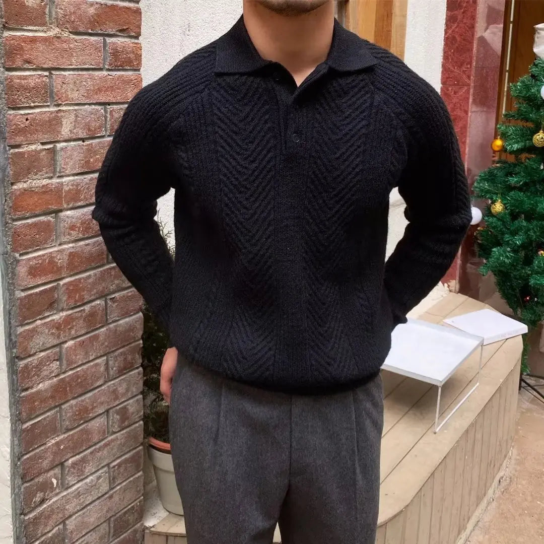 wool knit polo jumper regular fit showing full length and ribbed knit detail