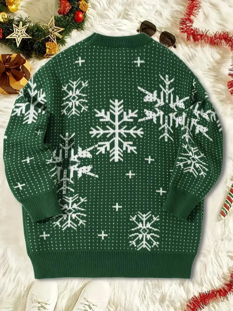 Pull de Noël Vert Femme Motif Flocons de Neige