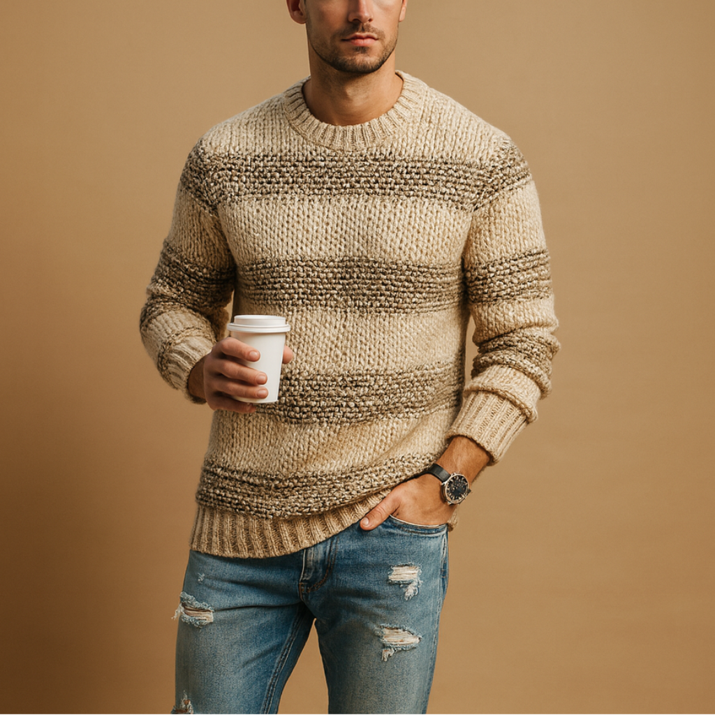 Wool jumper with crew neck and textured knit construction for men