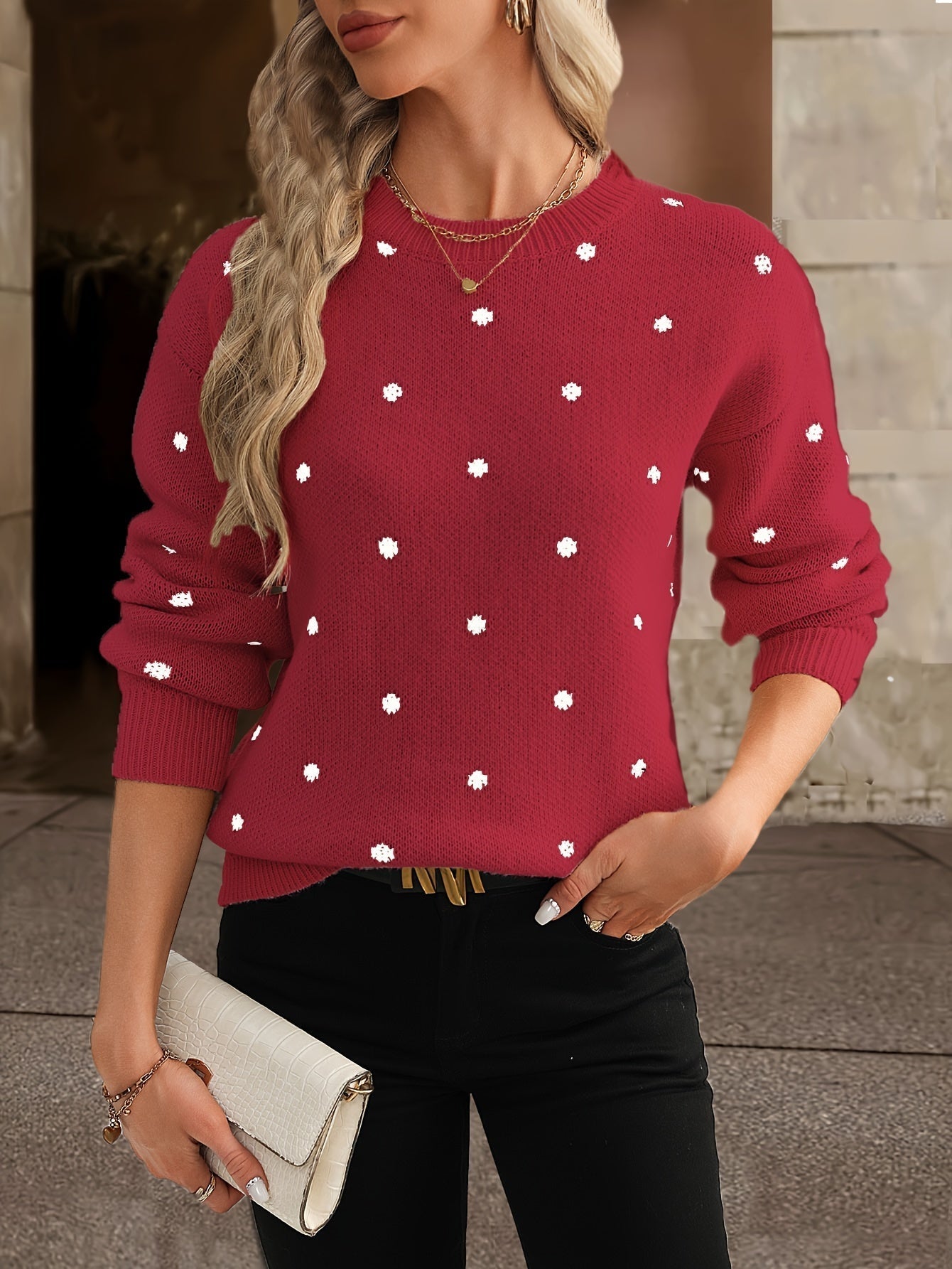 Patterned wool jumper shown from back relaxed fit women