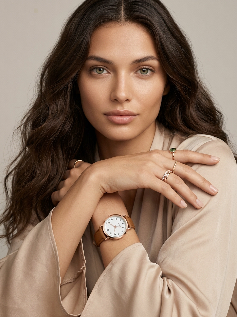Women's analogue wrist watch with round metal case