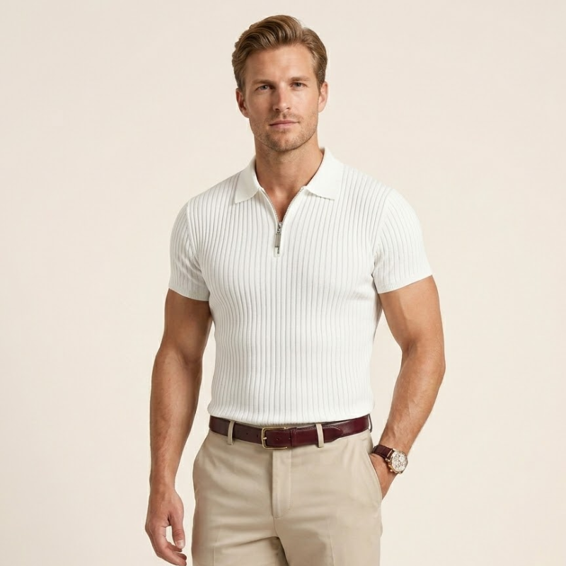 Front view of a men's ribbed knit polo shirt with a zip neck collar and fitted silhouette