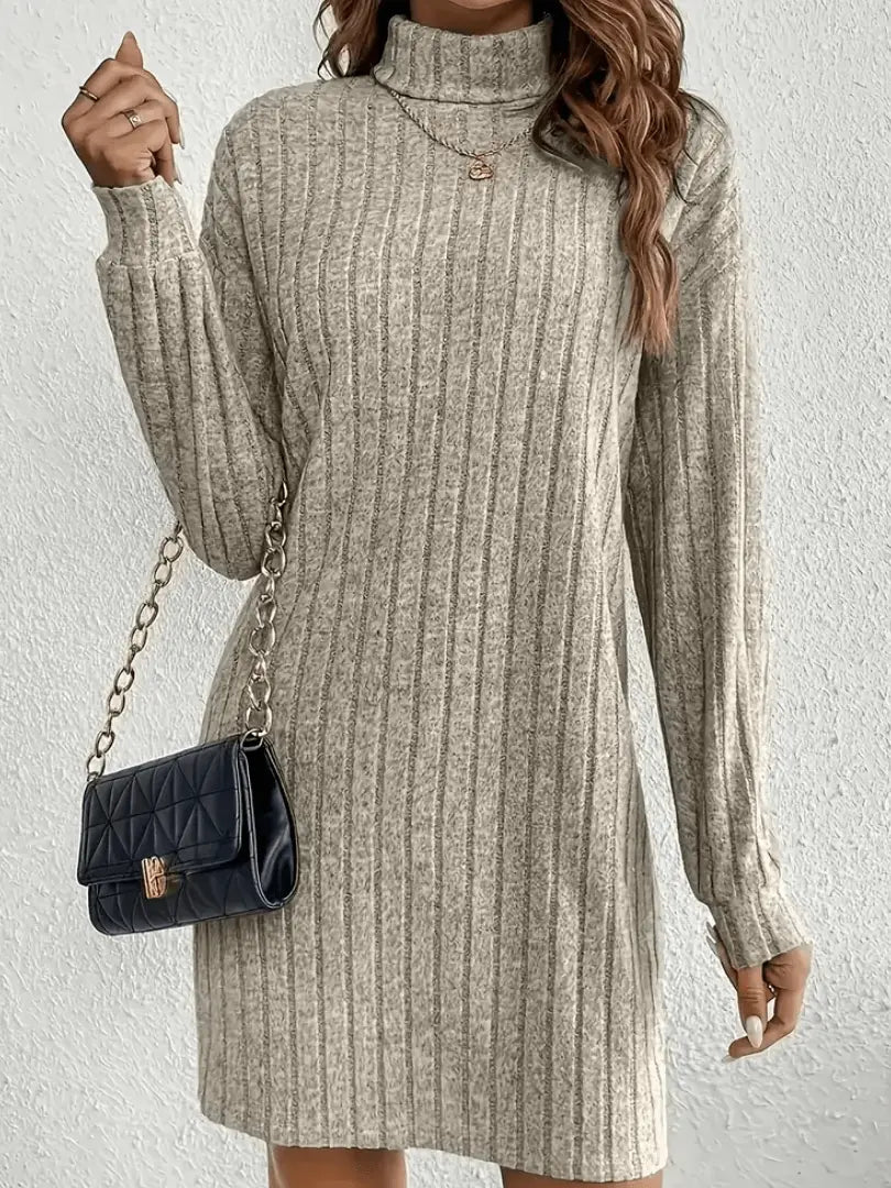 ribbed knit dress with high neck shown in straight silhouette from front angle