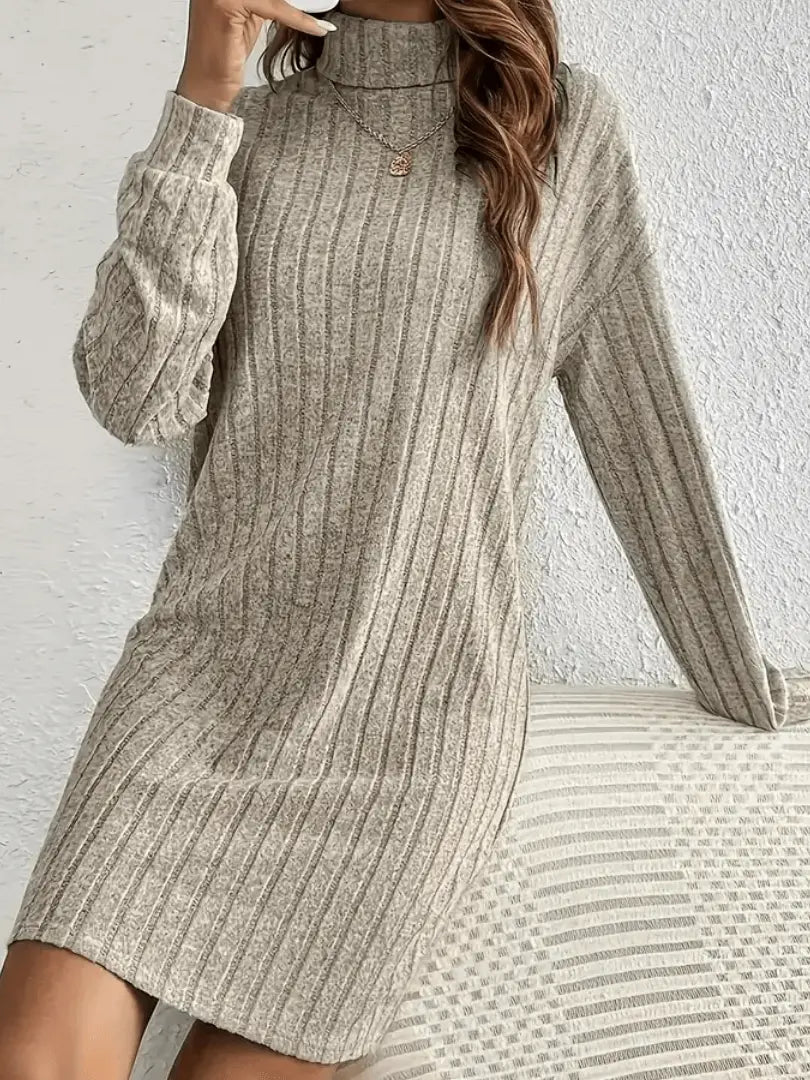 high neck dress in ribbed knit material displayed from side perspective