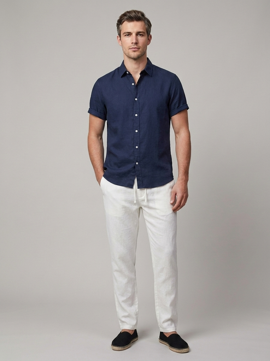 Men's coordinated outfit with a button front shirt
