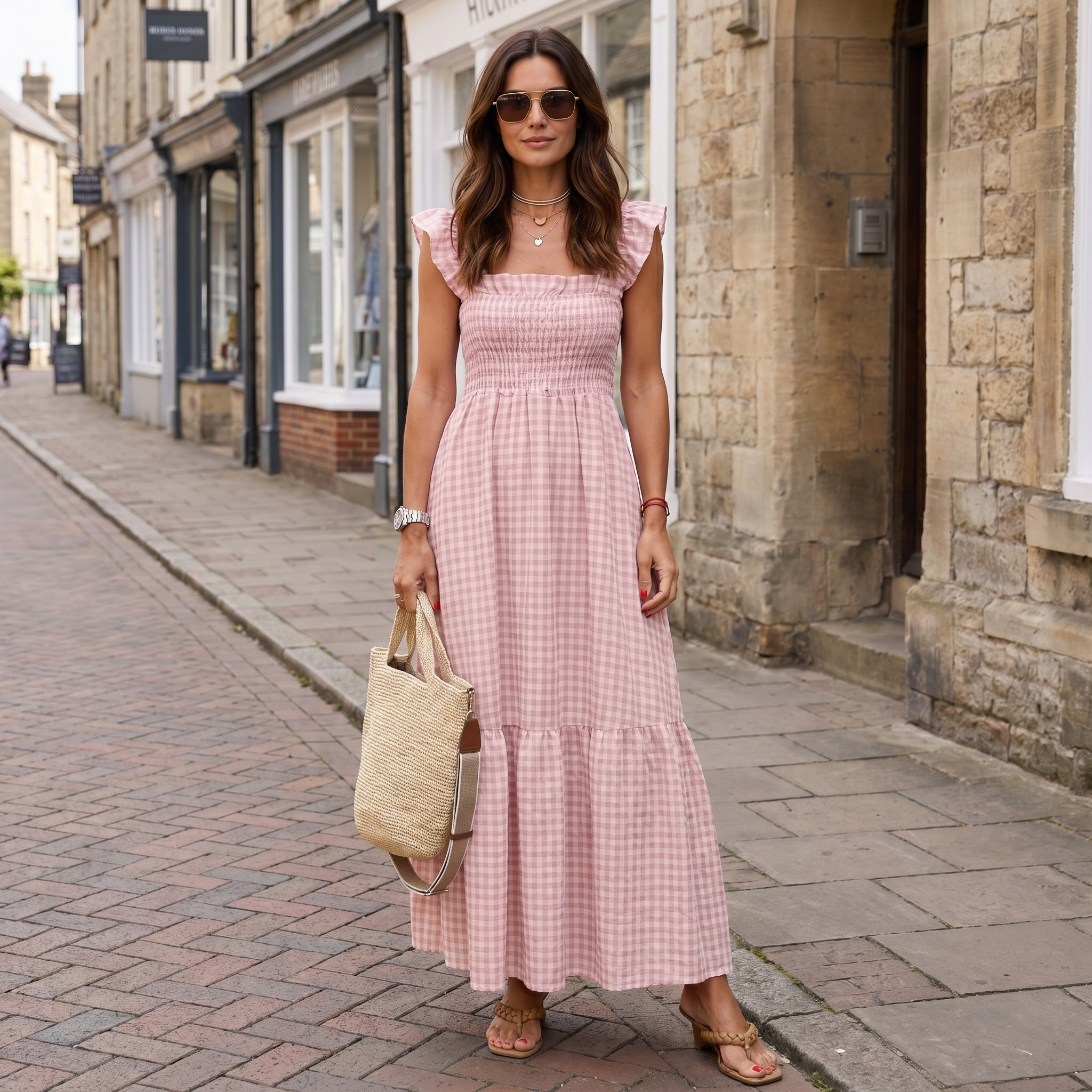 Women's light pink plaid flounce dress with elastic waist and smocked bodice