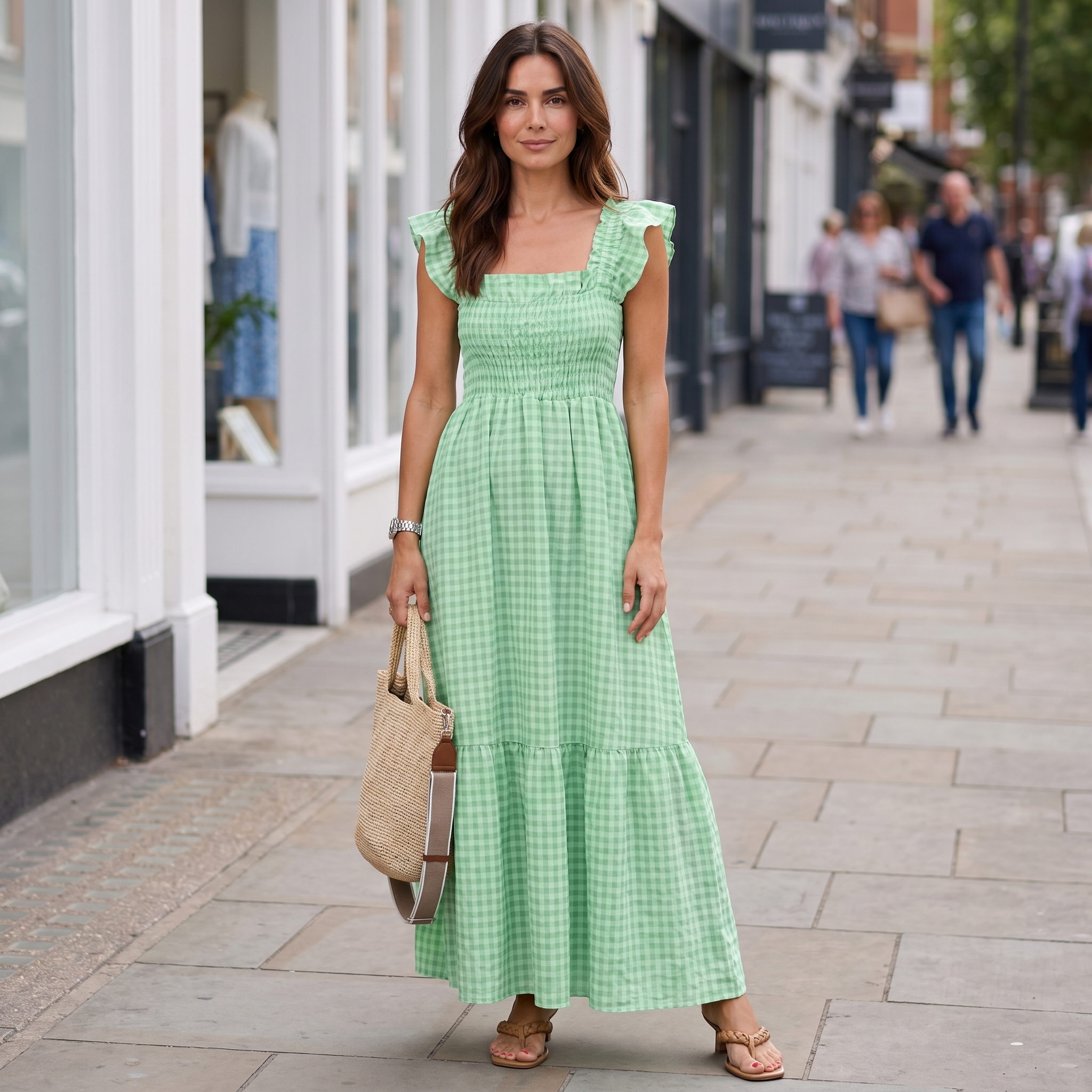 Women's green plaid flounce dress with smocked silhouette and elastic closure