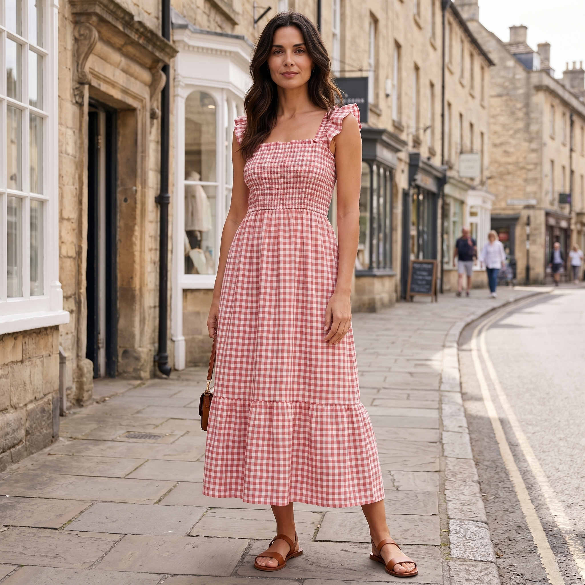 Women's pink plaid flounce smocked dress in a casual everyday style