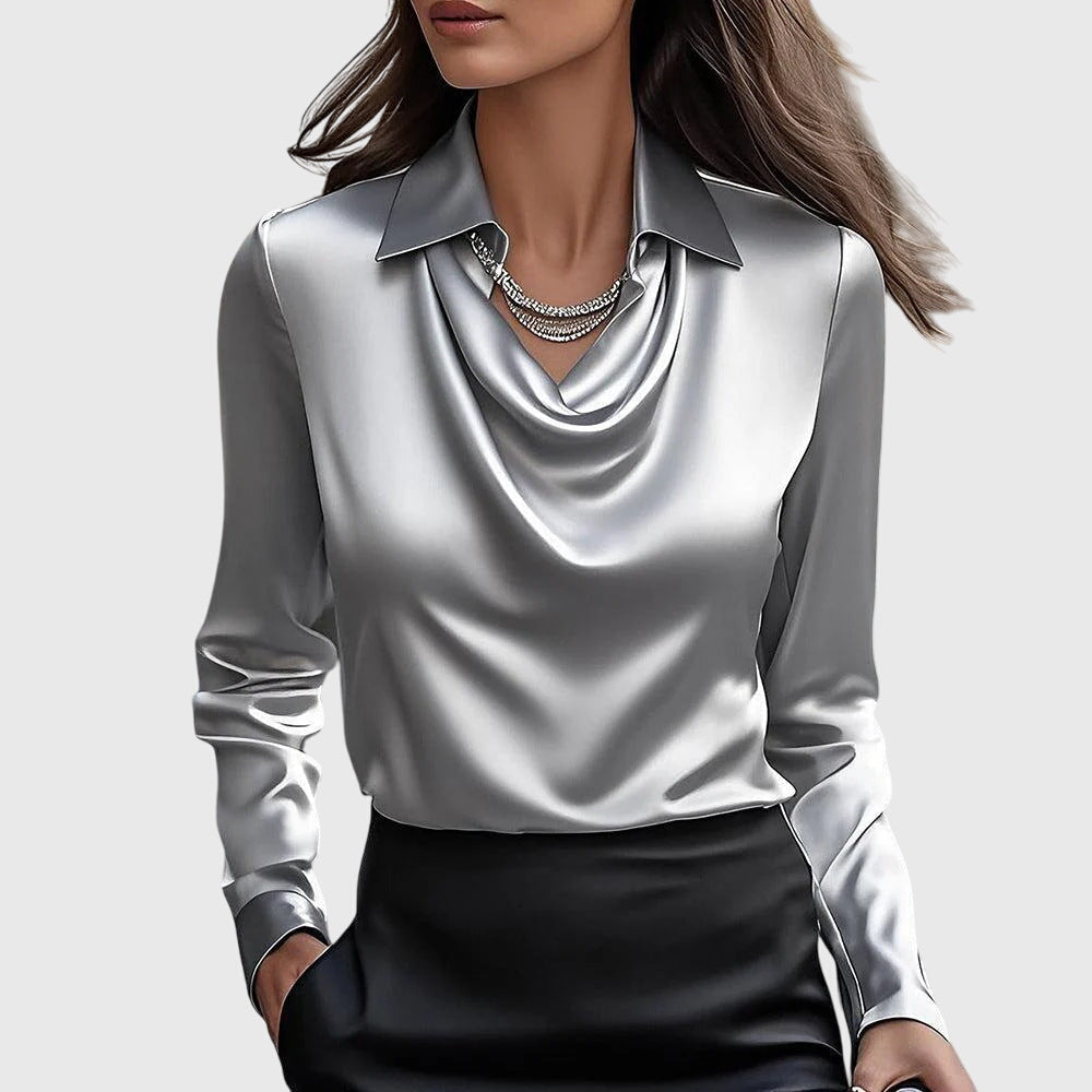 Satin blouse featuring fluid drape detail and long sleeves for women