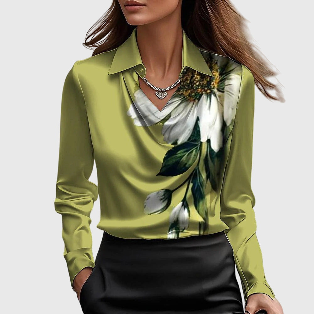 Satin blouse with drape neck and long sleeves shown from side