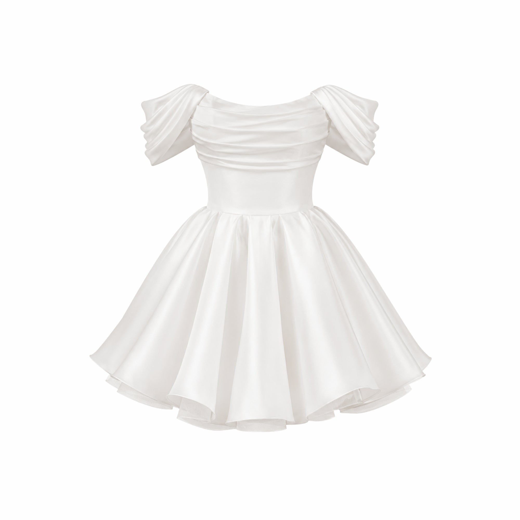 Off shoulder satin mini dress with puff sleeves