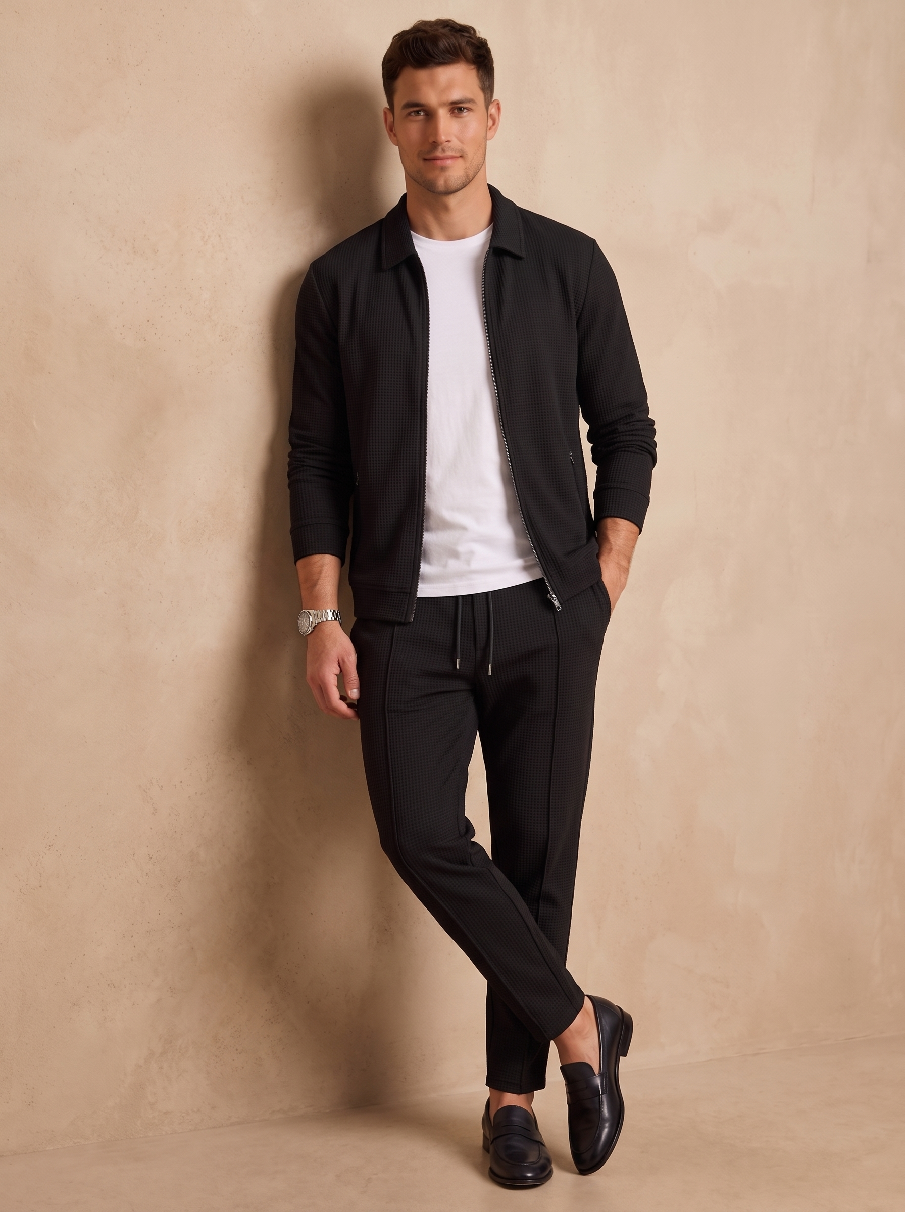 Cotton zip jacket set men