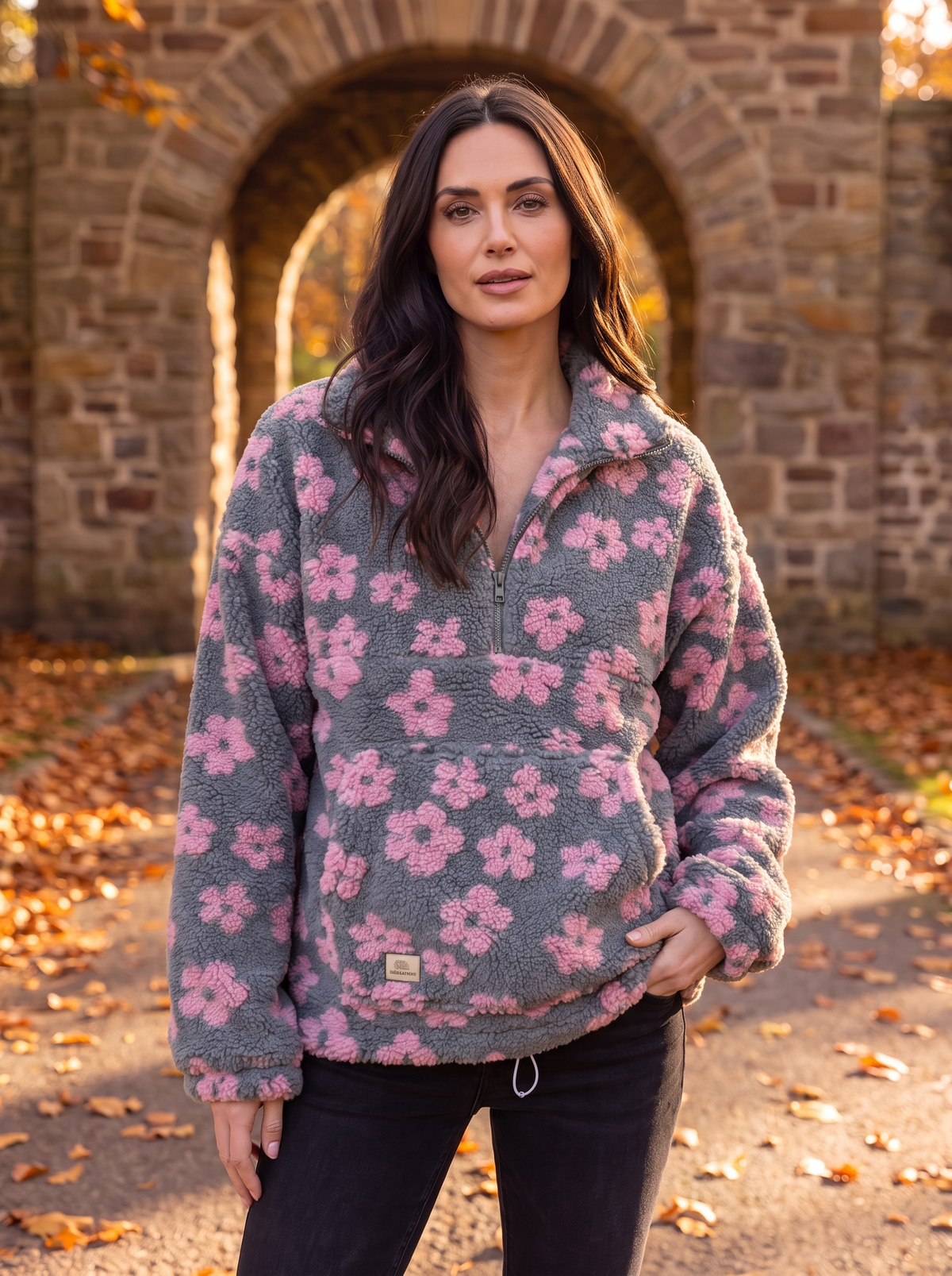Women's long sleeve floral fleece top