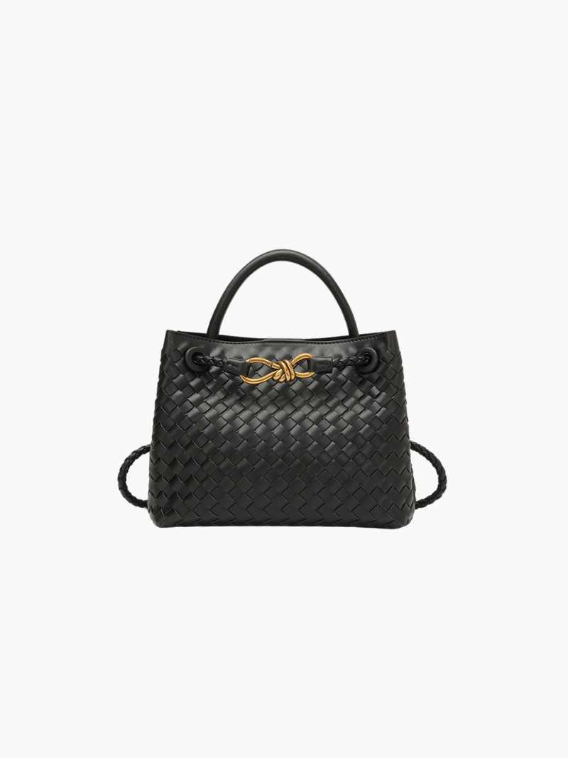 woven synthetic leather tote bag with structured shape and top handles